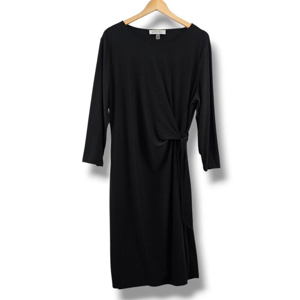 Kasper Black Faux Wrap Dress 2X Classic 3/4 Sleeve Minimalist‎ Cocktail Evening